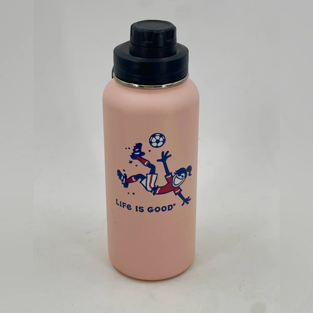 Life Is Good Wide Mouth 32 Oz Pink Stainless Steel Water Bottle Soccer Player